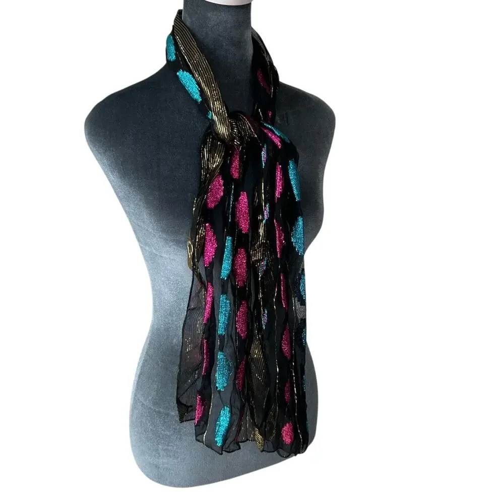 American Vtg Neck Scarf- Metallic- semi sheer bright pink blue- some wear 60x11